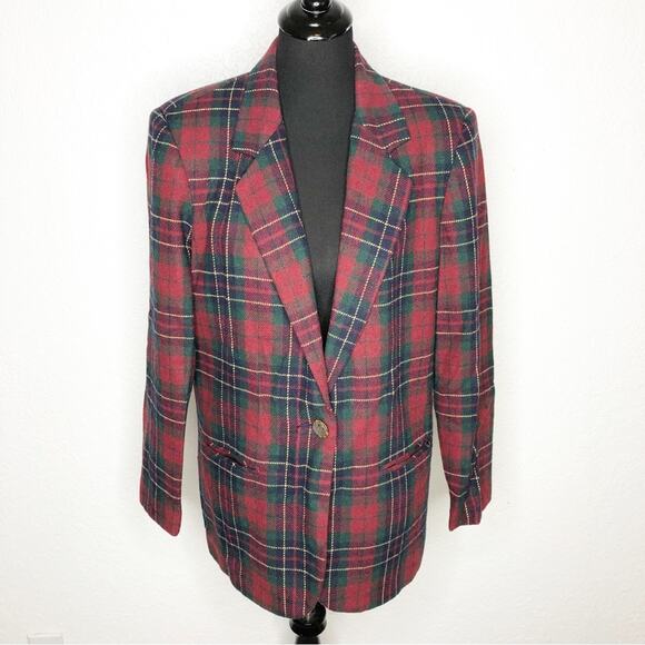 Vintange red green navy gold plaid wool blend button front blazer size 10 - Picture 1 of 16